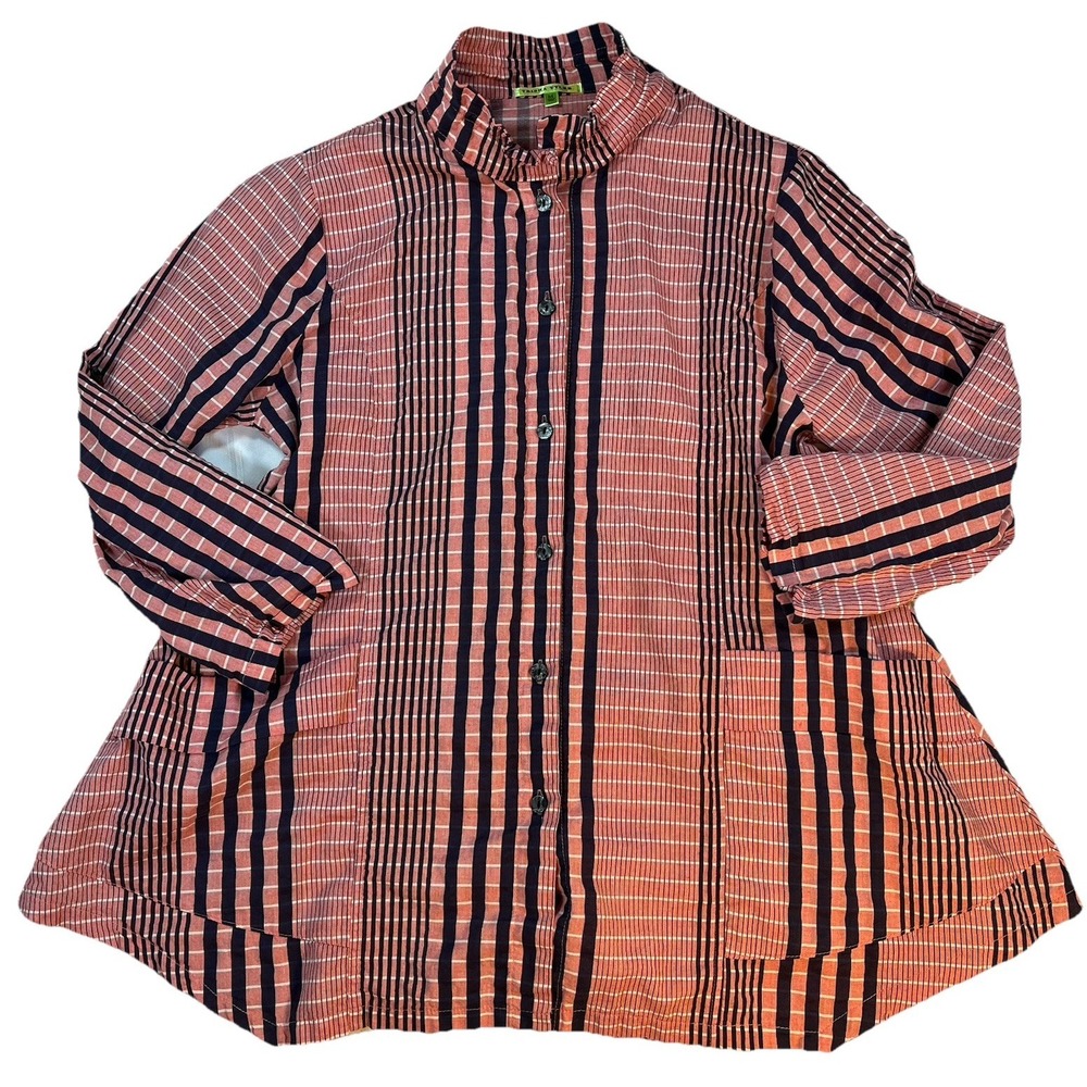 Trisha Tyler‎ Red Blue Striped Button Up W/ Wired Collar Pockets Asymmetrical